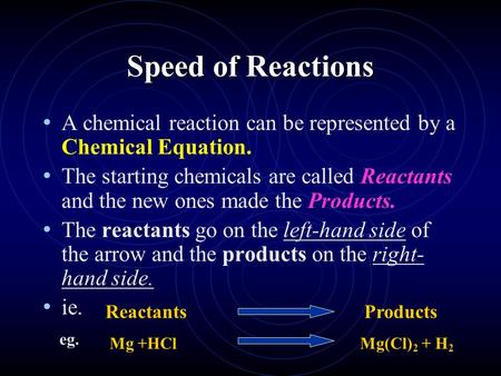 Speed of Reactions A chemical reaction can be represented by a Chemical Equation. The starting chemicals are called Reactants and the new ones made the.