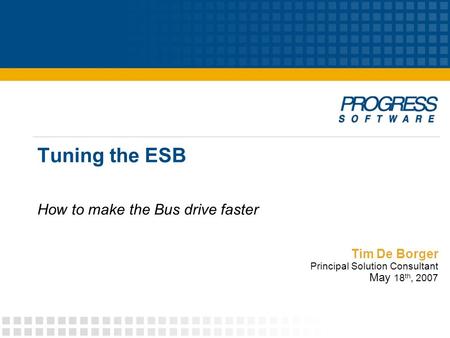 Tim De Borger Principal Solution Consultant May 18 th, 2007 Tuning the ESB How to make the Bus drive faster.