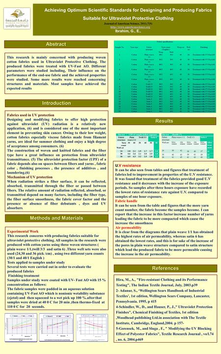 Achieving Optimum Scientific Standards for Designing and Producing Fabrics Suitable for Ultraviolet Protective Clothing Journal of American Science, 2011;7(9)