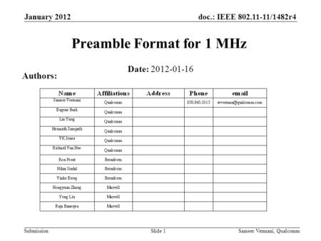 Doc.: IEEE 802.11-11/1482r4 Submission January 2012 Sameer Vermani, Qualcomm Preamble Format for 1 MHz Date: 2012-01-16 Authors: Slide 1.