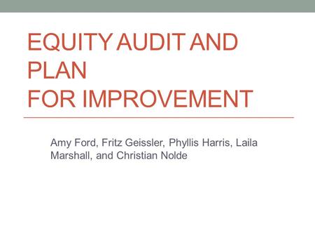 EQUITY AUDIT AND PLAN FOR IMPROVEMENT Amy Ford, Fritz Geissler, Phyllis Harris, Laila Marshall, and Christian Nolde.