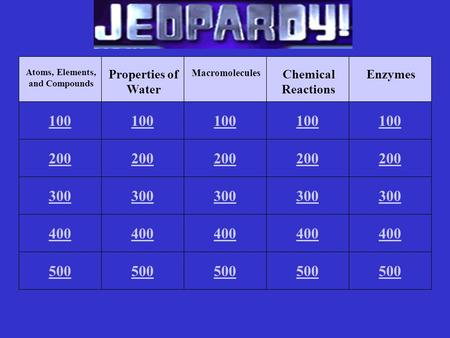 100 Atoms, Elements, and Compounds 400 300 200 500 100 Properties of Water 400 300 200 500 100 Macromolecules 400 300 200 500 100 Chemical Reactions 400.