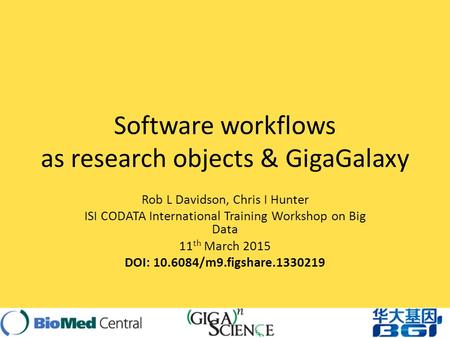 Software workflows as research objects & GigaGalaxy Rob L Davidson, Chris I Hunter ISI CODATA International Training Workshop on Big Data 11 th March 2015.