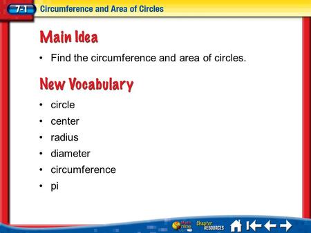 Lesson 1 MI/Vocab circle center radius diameter circumference pi Find the circumference and area of circles.