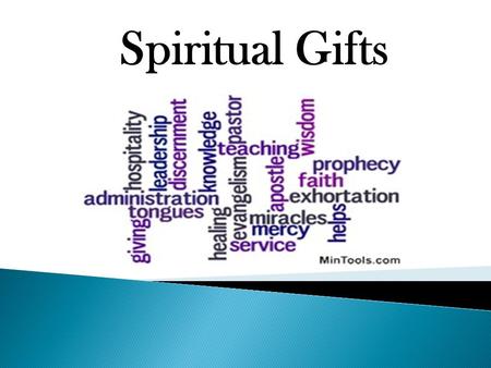 Spiritual Gifts.  There are different kinds of gifts but the same Spirit. There are different kinds of service, but the same Lord. (1 Cor. 12:4-5) Each.