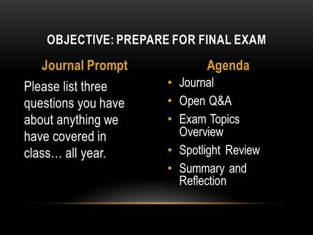 Journal Open Q&A Exam Topics Overview Spotlight Review Summary and Reflection Please list three questions you have about anything we have covered in class…