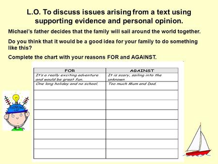 L.O. To discuss issues arising from a text using supporting evidence and personal opinion. Michael’s father decides that the family will sail around the.