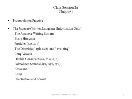 Pronunciation Practice The Japanese Written Language (Information Only) The Japanese Writing System Basic Hiragana Particles (wa, o, e) The Diacritics.