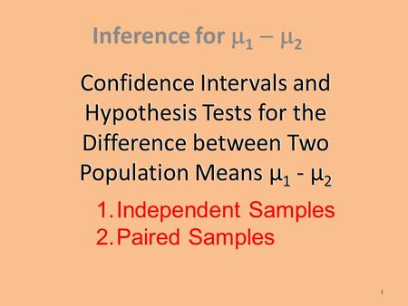 Confidence Intervals and Hypothesis Tests for the Difference between Two Population Means µ 1 - µ 2 Inference for  1  2 1 1. 1.Independent Samples.