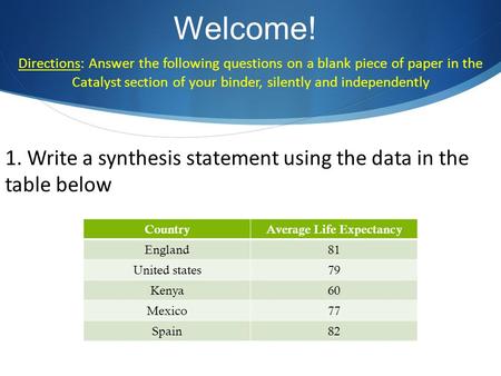 Welcome! Directions: Answer the following questions on a blank piece of paper in the Catalyst section of your binder, silently and independently 1. Write.