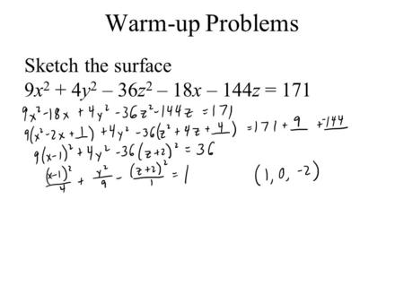 Warm-up Problems Sketch the surface 9x 2 + 4y 2 – 36z 2 – 18x – 144z = 171.