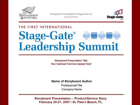 Storyboard Presentation – Product/Service Story February 20-21, 2007 / St. Pete’s Beach, FL Name of Storyboard Author Professional Title Company Name Storyboard.