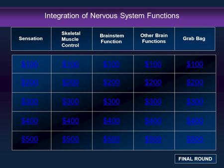 Integration of Nervous System Functions $100 $200 $300 $400 $500 $100$100$100 $200 $300 $400 $500 Sensation FINAL ROUND Skeletal Muscle Control Brainstem.