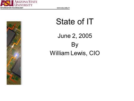 State of IT June 2, 2005 By William Lewis, CIO. ABOR Issues/Pressures Centralization of Administrative Systems IT Architectural Standards Project Review.