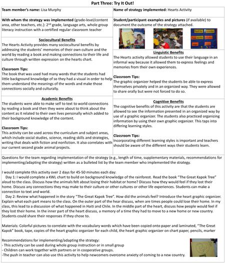 Part Three: Try It Out! Team member’s name: Lisa MurphyName of strategy implemented: Hearts Activity With whom the strategy was implemented (grade-level/content.