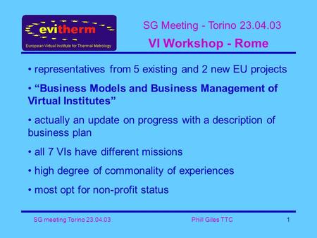 SG Meeting - Torino 23.04.03 SG meeting Torino 23.04.03 Phill Giles TTC1 VI Workshop - Rome representatives from 5 existing and 2 new EU projects “Business.