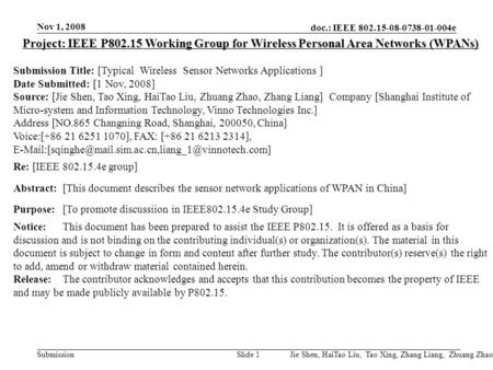 Doc.: IEEE 802.15-08-0738-01-004e Submission Nov 1, 2008 Jie Shen, HaiTao Liu, Tao Xing, Zhang Liang, Zhuang ZhaoSlide 1 Project: IEEE P802.15 Working.