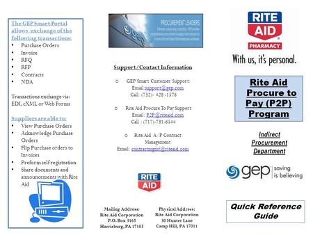 Rite Aid Procure to Pay (P2P) Program Quick Reference Guide The GEP Smart Portal allows exchange of the following transactions: Purchase Orders Invoice.