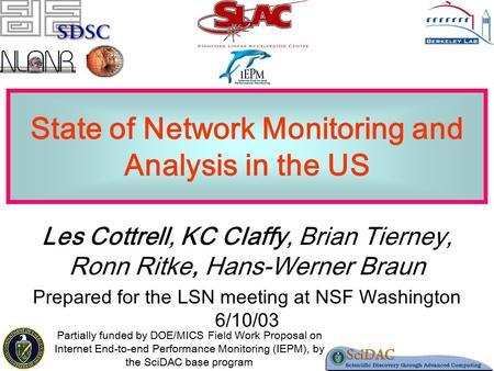 1 State of Network Monitoring and Analysis in the US Les Cottrell, KC Claffy, Brian Tierney, Ronn Ritke, Hans-Werner Braun Prepared for the LSN meeting.