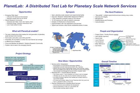 PlanetLab: A Distributed Test Lab for Planetary Scale Network Services Opportunities Emerging “Killer Apps”: –CDNs and P2P networks are first examples.