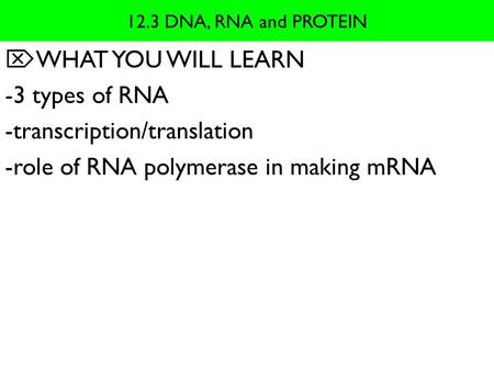 12.3 DNA, RNA and PROTEIN  WHAT YOU WILL LEARN -3 types of RNA -transcription/translation -role of RNA polymerase in making mRNA.