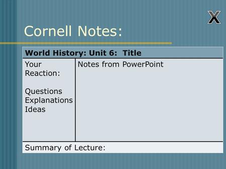 Cornell Notes: World History: Unit 6: Title Your Reaction: Questions Explanations Ideas Notes from PowerPoint Summary of Lecture: