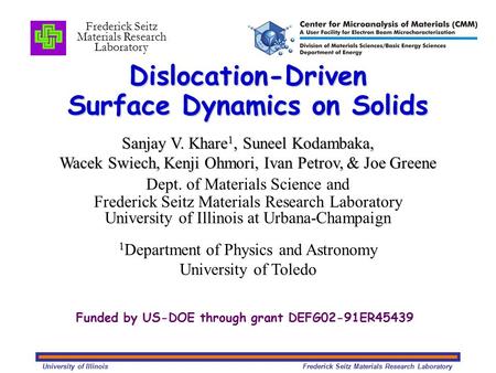 University of Illinois Frederick Seitz Materials Research Laboratory Dislocation-Driven Surface Dynamics on Solids Sanjay V. Khare 1, Suneel Kodambaka,