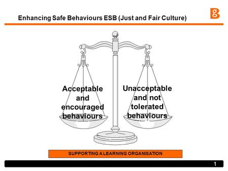 1 Enhancing Safe Behaviours ESB (Just and Fair Culture) Acceptable and encouraged behaviours Unacceptable and not tolerated behaviours SUPPORTING A LEARNING.