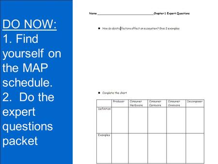 DO NOW: 1. Find yourself on the MAP schedule. 2. Do the expert questions packet.