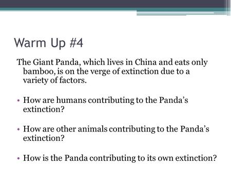 Warm Up #4 The Giant Panda, which lives in China and eats only bamboo, is on the verge of extinction due to a variety of factors. How are humans contributing.