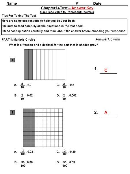 A., 2.0 C., 0.2 B., 0.02D., 0.002 Name#Date Chapter14Test – Answer Key Use Place Value to Represent Decimals Tips For Taking The Test Here are some suggestions.