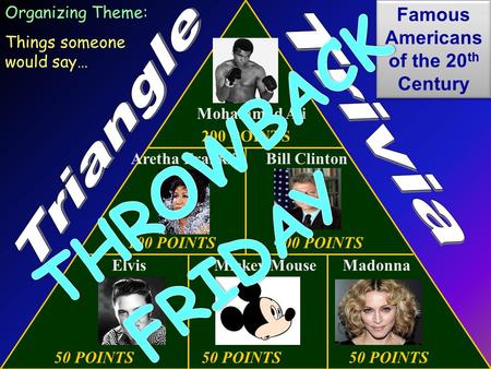 50 POINTS50 POINTS50 POINTS 100 POINTS 200 POINTS Elvis Organizing Theme: Things someone would say… Bill Clinton MadonnaMickey Mouse Aretha Franklin Mohammad.