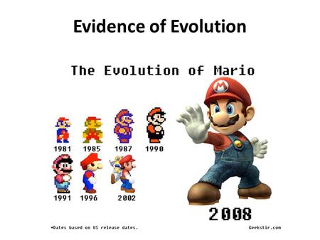 Evidence of Evolution. What is evolution? Definition: – The gradual change in a species over time Takes a Looooong time Results from a change in the GENETIC.