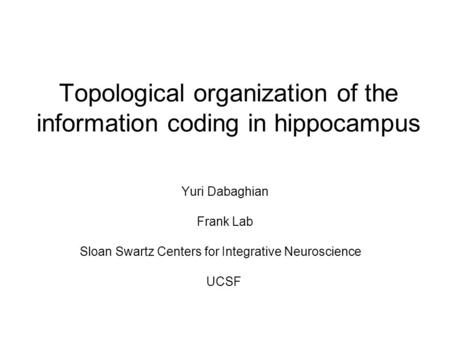 Topological organization of the information coding in hippocampus Yuri Dabaghian Frank Lab Sloan Swartz Centers for Integrative Neuroscience UCSF.