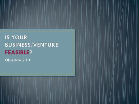 Objective 2.13. Provides an overview of the primary issues related to a business/venture idea. It determines if the business venture is feasible or “doable”.