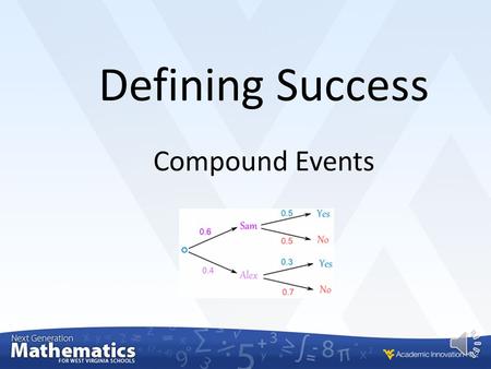 Compound Events Defining Success In this lesson you will… find probabilities of compound events using organized lists, tables, tree diagrams, and simulation.