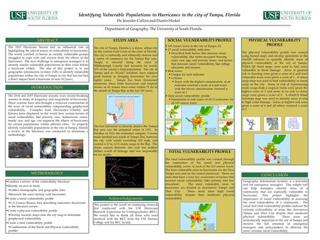 Identifying Vulnerable Populations to Hurricanes in the city of Tampa, Florida Dr. Jennifer Collins and Dustin Hinkel Department of Geography, The University.