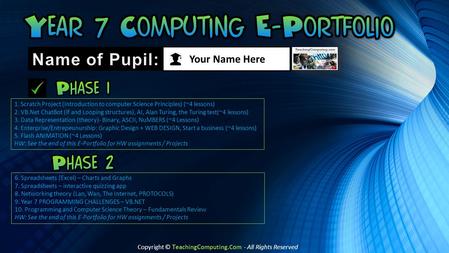 Copyright © T eaching C omputing.Com - All Rights Reserved Your Name Here 6. Spreadsheets (Excel) – Charts and Graphs 7. Spreadsheets – interactive quizzing.