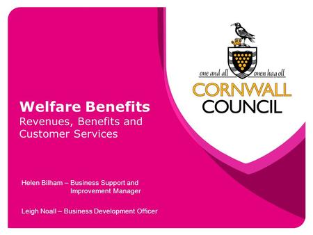 Welfare Benefits Revenues, Benefits and Customer Services Helen Bilham – Business Support and Improvement Manager Leigh Noall – Business Development Officer.