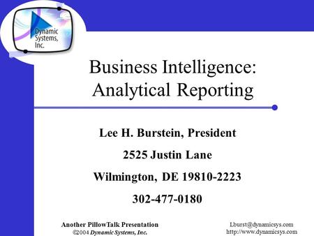 Another PillowTalk Presentation  2004 Dynamic Systems, Inc.  Business Intelligence: Analytical Reporting.