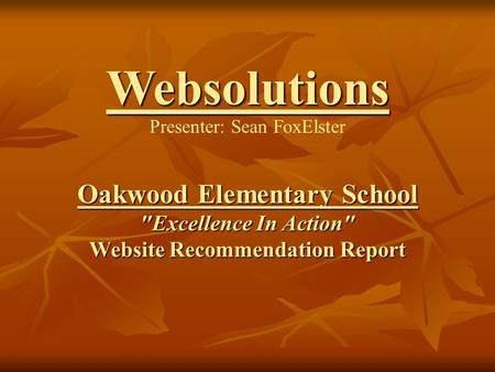 Oakwood Elementary School Excellence In Action Website Recommendation Report Presenter: Sean FoxElster Websolutions.