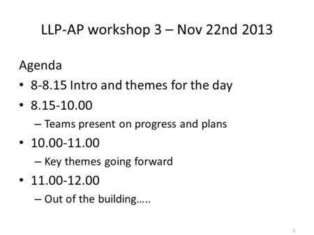 LLP-AP workshop 3 – Nov 22nd 2013 Agenda 8-8.15 Intro and themes for the day 8.15-10.00 – Teams present on progress and plans 10.00-11.00 – Key themes.