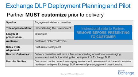 Copyright© Microsoft Corporation Speaker:Engagement delivery consultant. Title of presentation:Understanding the Environment Length of presentation: 30.