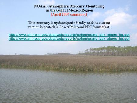 NOAA’s Atmospheric Mercury Monitoring in the Gulf of Mexico Region [April 2007 summary] This summary is updated periodically, and the current version is.