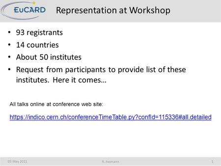 Representation at Workshop 93 registrants 14 countries About 50 institutes Request from participants to provide list of these institutes. Here it comes…