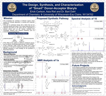 Erick Carlson, Asia Riel and Dr. Bart Dahl Department of Chemistry  University of Wisconsin-Eau Claire, WI 54702 The Design, Synthesis, and Characterization.