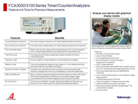 FCA3000/3100 Series Timer/Counter/Analyzers Feature-rich Tools for Precision Measurements Features Featuring:  300 MHz, 3 GHz, 20 GHz models  Up to 3.