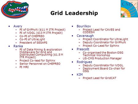 Grid Leadership Avery –PI of GriPhyN ($11 M ITR Project) –PI of iVDGL ($13 M ITR Project) –Co-PI of CHEPREO –Co-PI of UltraLight –President of SESAPS Ranka.