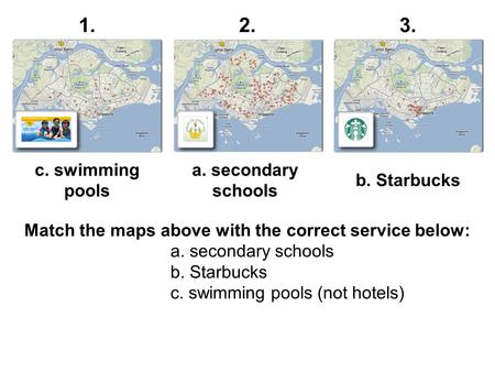 Match the maps above with the correct service below: a. secondary schools b. Starbucks c. swimming pools (not hotels) 1.2.3. a. secondary schools b. Starbucks.