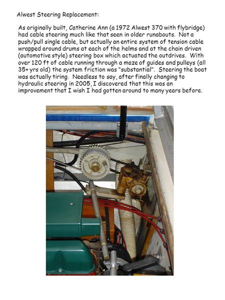 Alwest Steering Replacement: As originally built, Catherine Ann (a 1972 Alwest 370 with flybridge) had cable steering much like that seen in older runabouts.